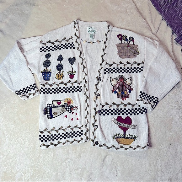 Quacker Factory Sweaters - Funky fall angel grandma cardigan with checkerboard pattern details / medium